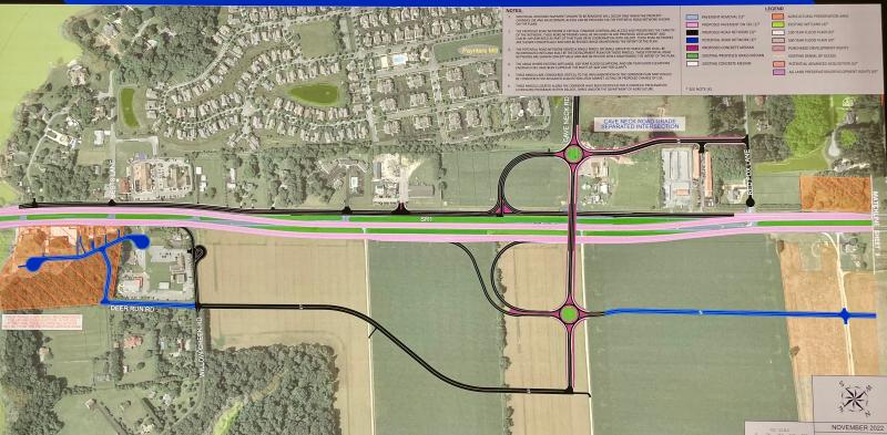 A proposed grade-separated interchange at the Cave Neck Road-Route 1 intersection also includes frontage and service roads to funnel Route 1 access to the interchange. DELDOT GRAPHIC